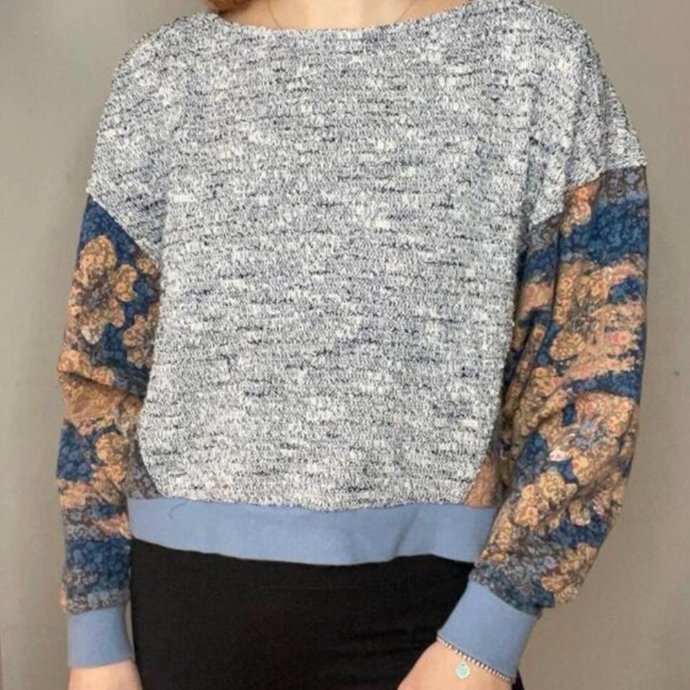 Anthro Saturday Sunday Floral Dolman Sleeve Cropped Sweater Blue Oversized M